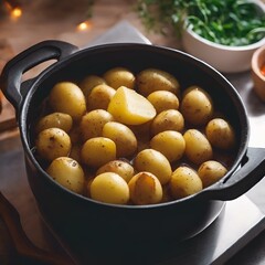 Wall Mural - AI generated illustration of potatoes in a black pan