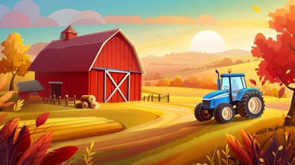 Wall Mural - Autumn farm landscape cartoon with red wooden barn, blue tractor on the road in field. Yellow and orange color scheme. Ranch with house and transportation.
