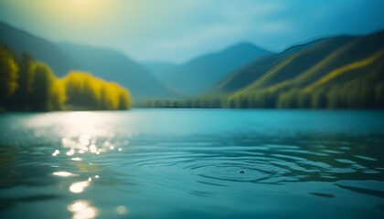 Sticker - AI generated illustration of a scenic lake and green landscape with mountains