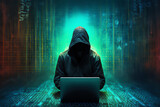 Fototapeta Big Ben - A hooded figure hacking data servers and laptops on the internet while trying to hack vulnerable systems to test cybersecurity and plant a virus or malware, stock illustration image