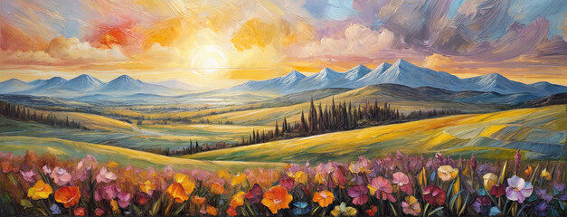 Wall Mural - abstract oil painting of spring flowers field on hills with mountains on background