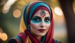 A woman with a colorful face paint and a head scarf - Cinematic
