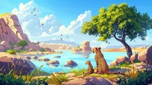 Modern Cartoon Illustration Depicting An African Leopard Pride On A Savannah Landscape. There Is A Lake In The Desert, A Lush Green Forest And Grasses, Stones On The Horizon, And A Blue Sky In The