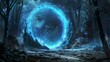 Landscape background of fantasy game with a magic portal. Aliens on an alien planet with a blue lightning gate leading to a cosmic nightmare universe.