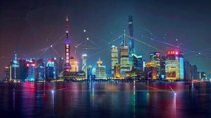 Wall Mural - A bustling city illuminated by countless lights, showcasing a futuristic skyline with interconnected networks and vibrant energy