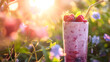 Fresh fruits and berries smoothie in a glass with free place for text. Healthy food concept , banner,Strawberry sliced in plastic glass on the wood table with blurred mountain and nature background