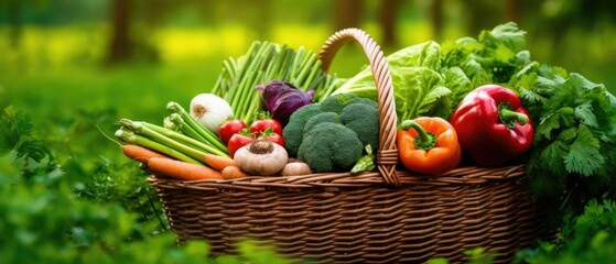 Poster - AI-generated illustration of a basket of fresh vegetables on a grassy field