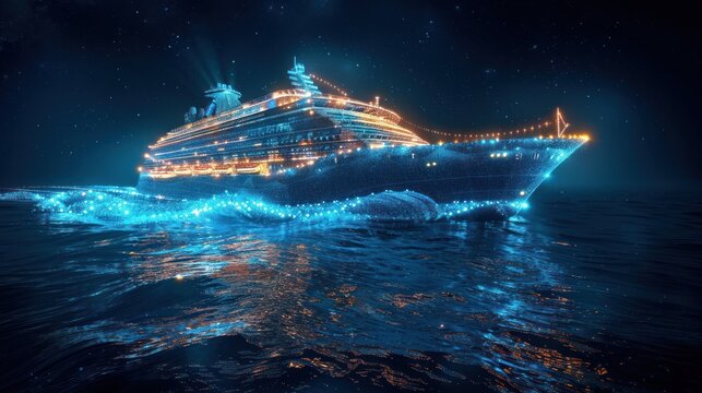 Digital low poly 3d cruise ship in dark blue.
