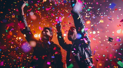 Two men joyfully celebrating together, standing amidst colorful confetti during a lively New Years party