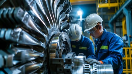 A man is inspecting a precision machine in a factory setting. The worker is focused on the intricate details of the equipment