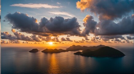 Wall Mural - ai generated illustration of islands with a sunset over it