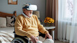Grandpa in wheelchair wearing virtual reality headset - new possibilities for disabled persons concept
