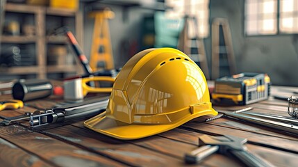 Wall Mural - Craft a detailed 3D scene capturing a close-up view of a yellow safety helmet amidst various construction tools on a table