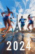 Grupo de mujeres atletas de espaldas compitiendo en una carrera por las calles de París, con la torre Eiffel al fondo, sobre cielo azul con nubes blancas