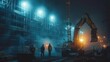 Night construction site with workers and heavy machinery