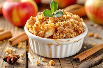 Wall Mural - Closeup of Baked Apple Crisp in Ramekin on Table - Delicious Breakfast or Dessert Cake with Cooked Apples and Crispy Background