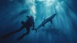 Scuba diver surrounded by sharks in the deep blue sea