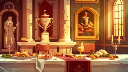 Wall Mural - Various medieval palace interior stuff. Including king and queen portraits, royal furniture and marble pillars, Cartoon modern illustration.