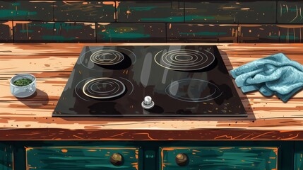 Isolated metal countertop with electrical plate realistic 3D border. Modern induction cooking panel, black ceramic cooktop on empty steel table with rag.