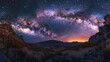 The Milky Way stretches across the sky above a rugged mountain landscape.