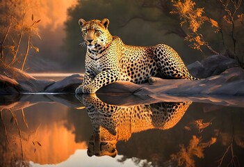 Wall Mural - AI generated illustration of a leopard resting on a rock by water with trees and rocks in background