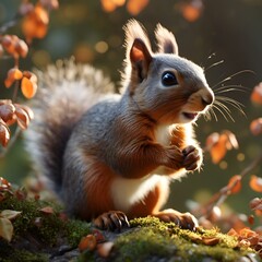 Wall Mural - AI generated illustration of squirrel on a fingertip