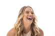 Young Caucasian female plus size model laughing, showing joy on white background, copy space
