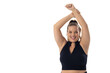 Caucasian plus-size young woman stretches arms up on white background, copy space