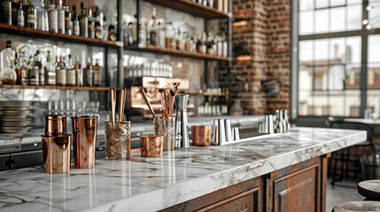 Marble bar counter with copper utensils and shelves with bottles