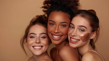 Wall Mural - Three women with different skin tones are smiling and posing for a photo