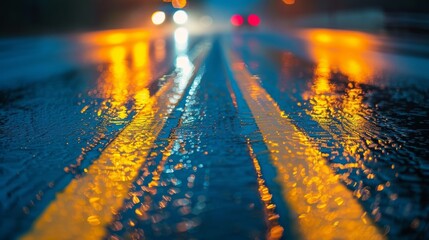 Wall Mural - Rain drops on the asphalt road in the city at night. Abstract background bokeh effect.