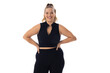 Caucasian young female plus size model on white background, hands on hips, smiling, copy space