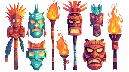 Wall Mural - A modern cartoon set of polynesian traditional statues, ancient wooden god faces isolated on white containing tiki masks, tribal totems, and burning torches.
