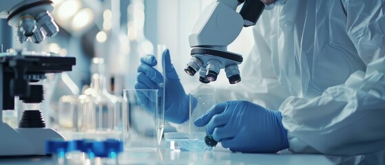 Sticker - A chemist in a coverall adjusts samples in a Petri Dish with pincers, examines them under the microscope, and then leaves the laboratory. Scientists in a Coverall Conducting Research.