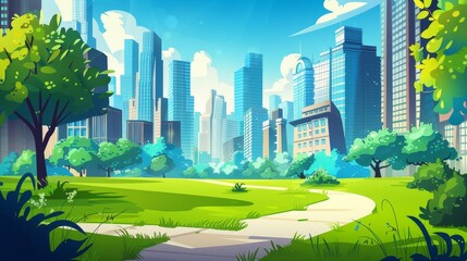 Sticker - City skyline background with skyscrapers, green lawn, pathway. Summertime cityscape with buildings panorama. Cartoon modern illustration of city skyline.