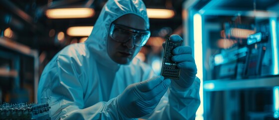 Canvas Print - The design engineer of a ultramodern electronic manufacturing facility examines the microchip with gloves while wearing sterile coveralls.