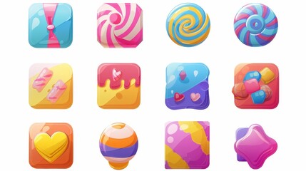 Wall Mural - UI elements for user panel settings, 2D modern illustration of candy app icons, game square buttons, cartoon lollipop interface, colorful blocks with stripes. GUI graphic elements.