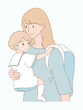 Happy mother with schoolbag, carrying child, backing to home from school. Modern mom with backpack, preparing son for going outside. Hand drawn flat cartoon character vector illustration.