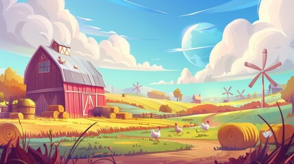 Wall Mural - Countryside farmland tranquil summer time or fall landscape with a barn, chickens on the field, hay stacks, and eco windmills. Modern illustration.
