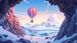 The view from the cave in the rock. Modern illustration of a winter mountain landscape with snow, a stone cavern entrance, and an airship with a basket.