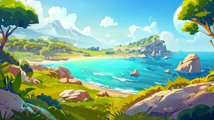 Wall Mural - Modern illustration of summer mediterranean landscape with sea shore, hill and mountains on horizon. Sea harbor, green grass, and trees on coast.
