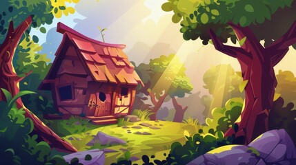 Wall Mural - A wooden house in a summer forest. An old shack, a forester's hut or witch's hut in deep woods with a falling sun in the background, a pc game background, a cartoon modern illustration.