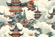 Seamless pattern with traditional Chinese architecture