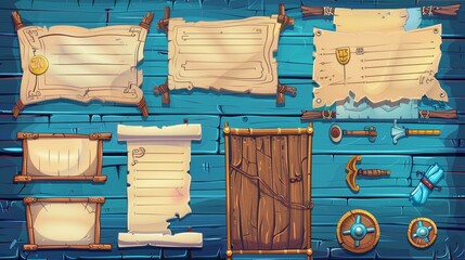 Wall Mural - A 2D modern set of UI controls and scrolls on blue wooden boards. Cartoon textured wood, UI graphic elements. User panel with settings, options, or adventure.