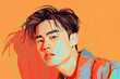 Chinese male model fashion beauty illustration on colorful background.