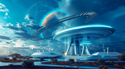 Wall Mural - Advanced futuristic city with flying spaceships and a giant planet in the sky, ai generated