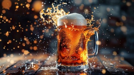 Wall Mural - Create a visually refreshing scene with a cold beer in a mug, capturing the moment of a splash emanating from the glass