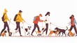 Hand drawn modern illustration of dog trainers with puppies, walking them with leashes, playing with balls and sticks, and teaching obedience to them.