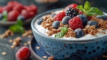 A Bowl Of Granola Topped With Yogurt And Fresh Berries, A Nutritious And Satisfying Breakfast Option.
