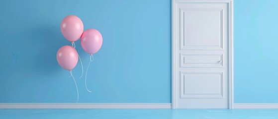 Wall Mural - Render of balloons on blue background with white door.